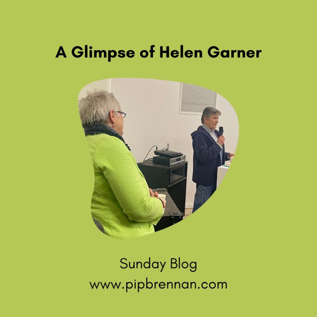 Image of Helen Garner reading from an earlier edition of the literary journal Heat. Pip Brennan in green jacket watching on