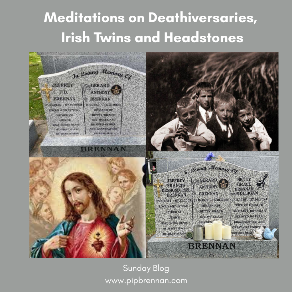 Image of headstone upper left, then bottom right with amended wording. Top right the four eldest, bottom left Jesus and his scared or sacred heart