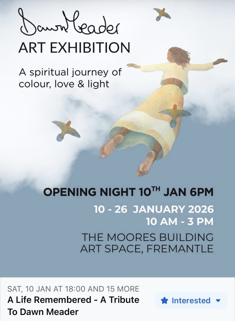 Image of girl in white clothing flying with two birds. Dawn Meader art exhibition at Moore and Moores Fremantle Perth from  10 to 26 Jan 2026