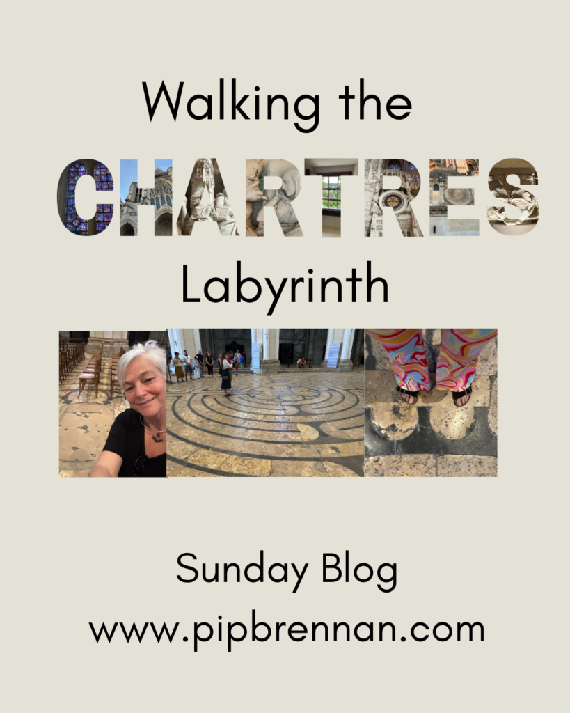 An image with Chartres spelled out in images I took in Chartres in July 2026. Walking the Chartres Labyrinth, Sunday Blog Pip Brennan