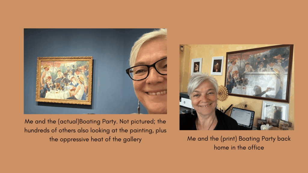 Image of author with actual painting of Renoir's The Boating Party behind her; and an image of her back home in her office with the framed print of the Boating Party