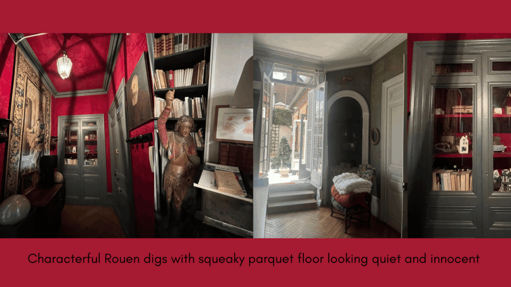 Composite image of richly decorated interior of Rouen apartment with felt walls, curio cabinets, books and a view of parquet floor and garden