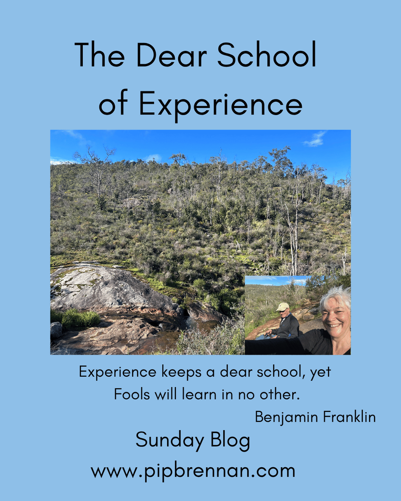 The Dear School of Experience - "Experience keeps a dear school, yet Fools will learn in no other." Benjamin Franklin - image of author and husband inset, background image of a beautiful Kitty's Gorge
