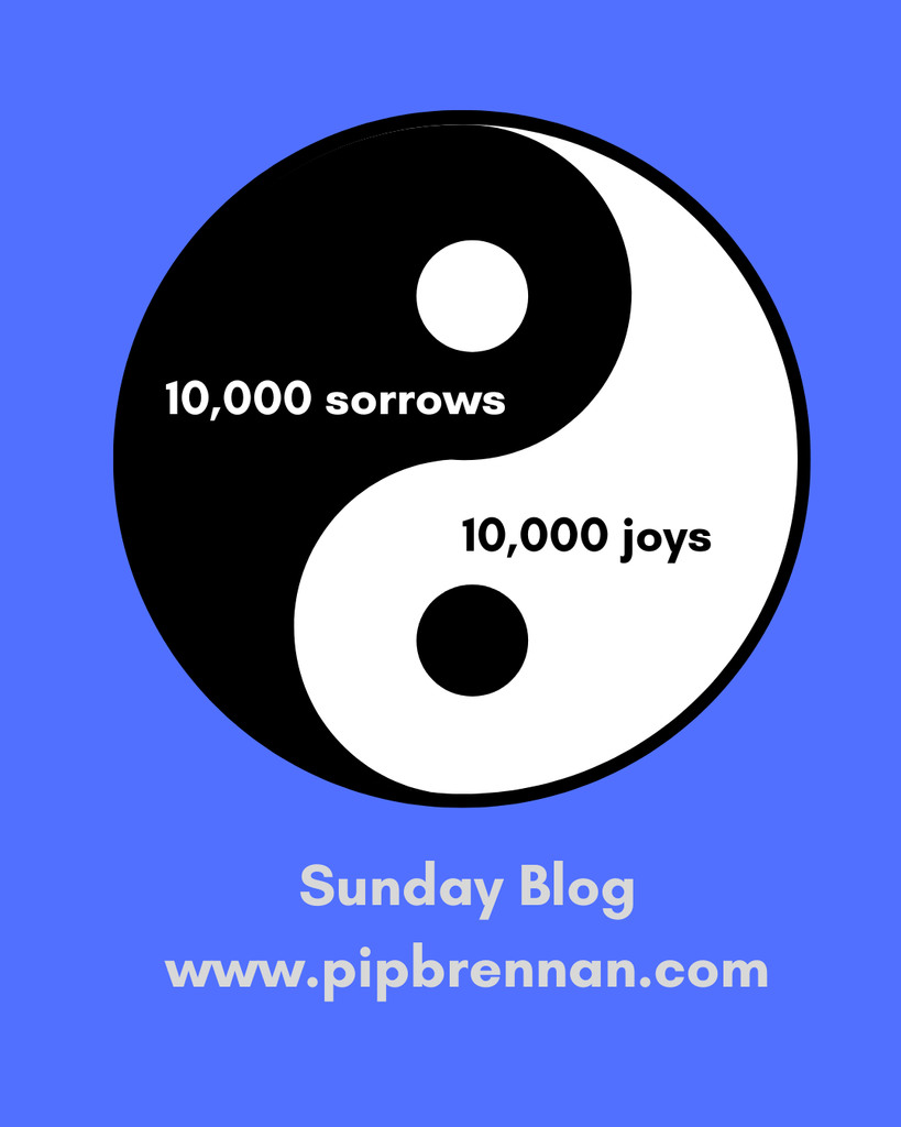 Yin and yang symbol with the words 10,000 joys 10,000 sorrows